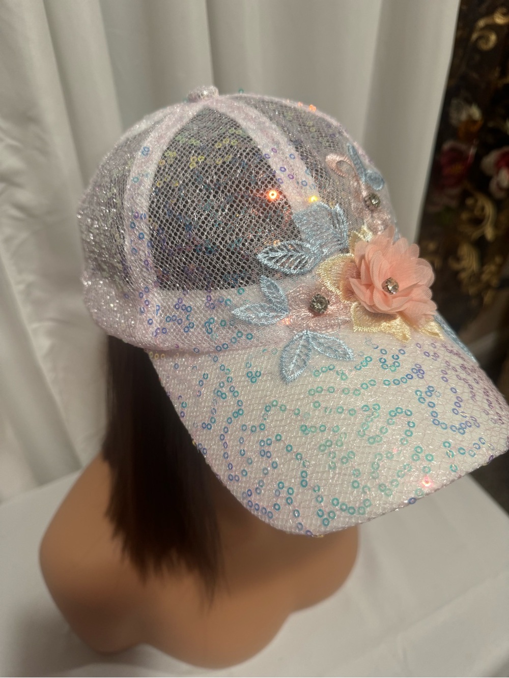 Embellished Floral Sequin Baseball Cap - Picture 5 of 8